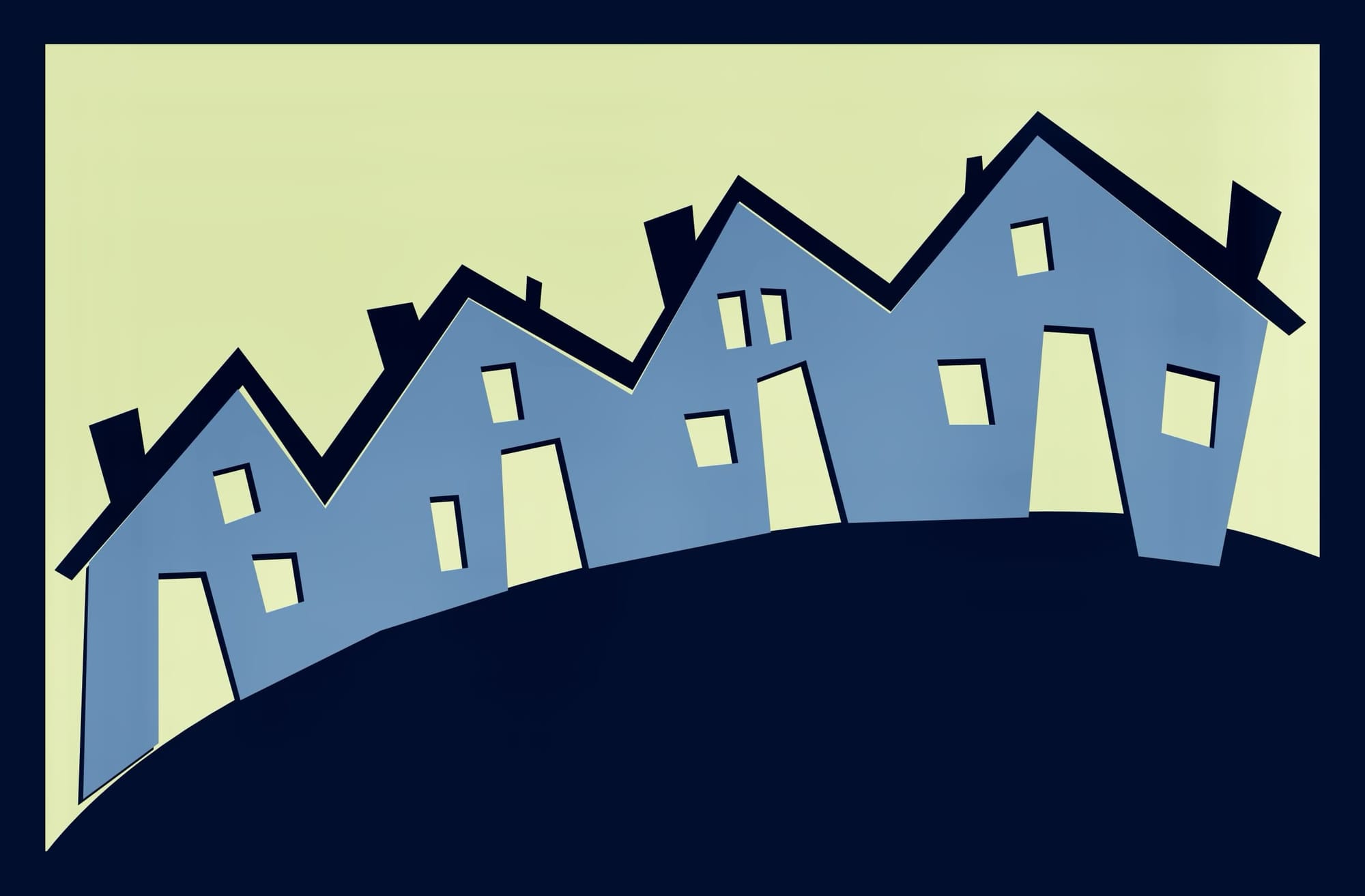 A line-art graphic in a late-eighties, early-nineties style of four outlines of houses on a hill.